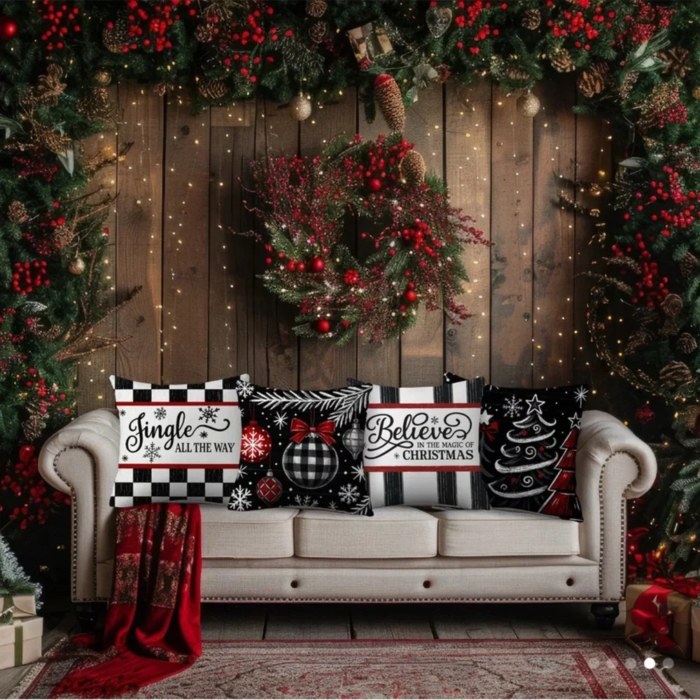 (New in package)4 pk Holiday Decorative Pillow Covers Set - Black, Red, White